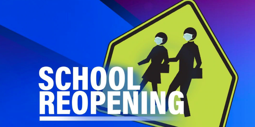 School Reopening poster with people on sign wearing mask